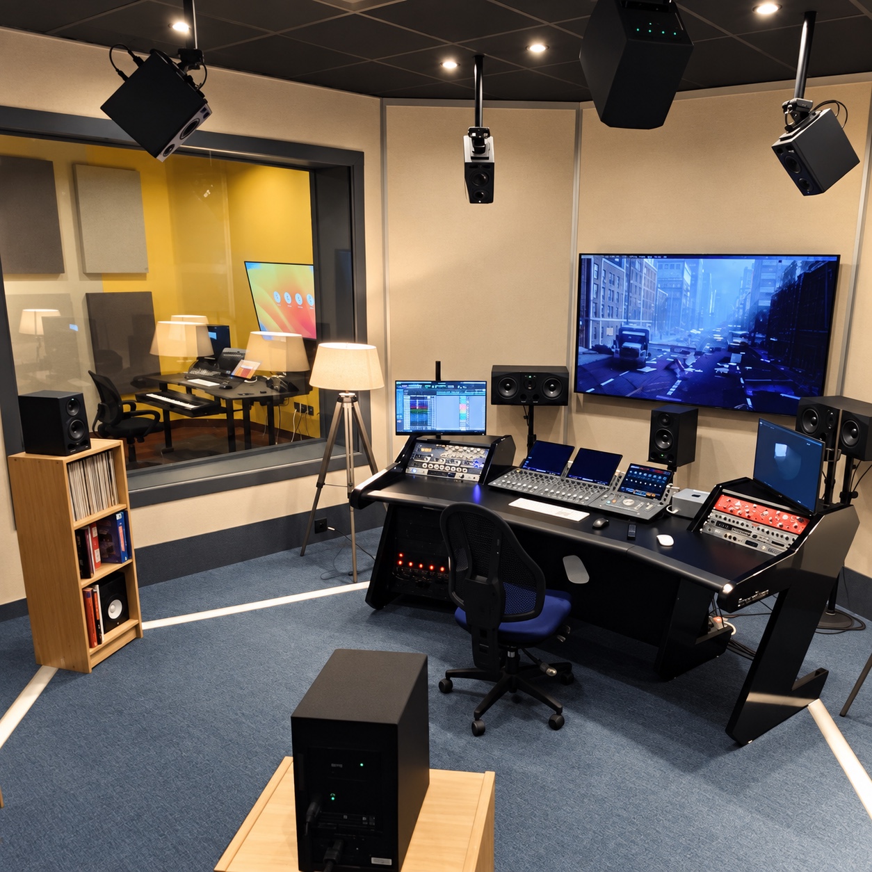 La régie du Studio Atmos avec ses enceintes suspendues et son écran de projection